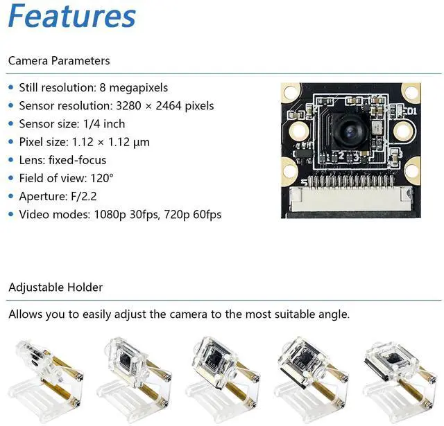 Alt view image 4 of 6 - KEHIPI  8MP Camera for Raspberry Pi 5 4 B 3 B+ A+ Zero 2 W Jetson Nano with Adjustable Holder and Ribbon Cable, 120° Viewing Angle, 1080P 720P Output