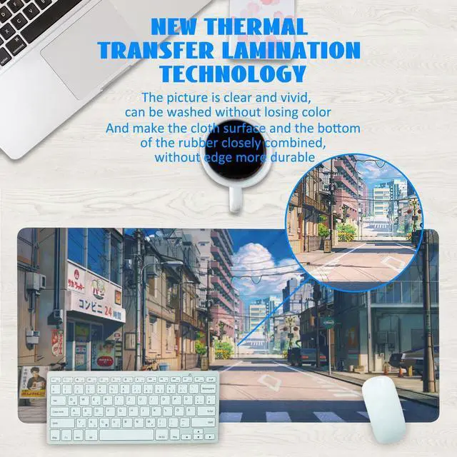Alt view image 3 of 7 - KEHIPI Desk Mat, Anime Summer Street Scenery Extended Gaming Mouse Pad Large, 35.4"x15.7" Big Mouse Pad with Non-Slip Base and Stitched Edge, Long Computer Keyboard Mouse Mat for Home Office Work
