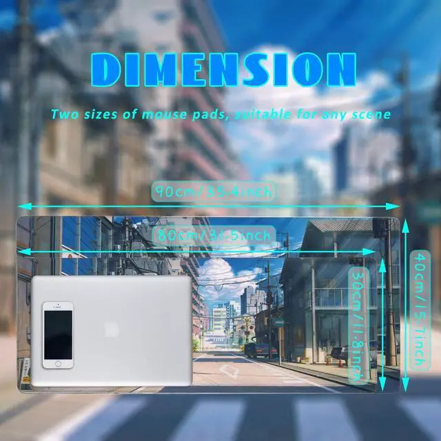 Alt view image 4 of 7 - KEHIPI Desk Mat, Anime Summer Street Scenery Extended Gaming Mouse Pad Large, 35.4"x15.7" Big Mouse Pad with Non-Slip Base and Stitched Edge, Long Computer Keyboard Mouse Mat for Home Office Work