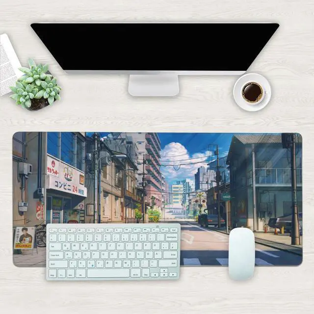 Alt view image 2 of 7 - KEHIPI Desk Mat, Anime Summer Street Scenery Extended Gaming Mouse Pad Large, 35.4"x15.7" Big Mouse Pad with Non-Slip Base and Stitched Edge, Long Computer Keyboard Mouse Mat for Home Office Work