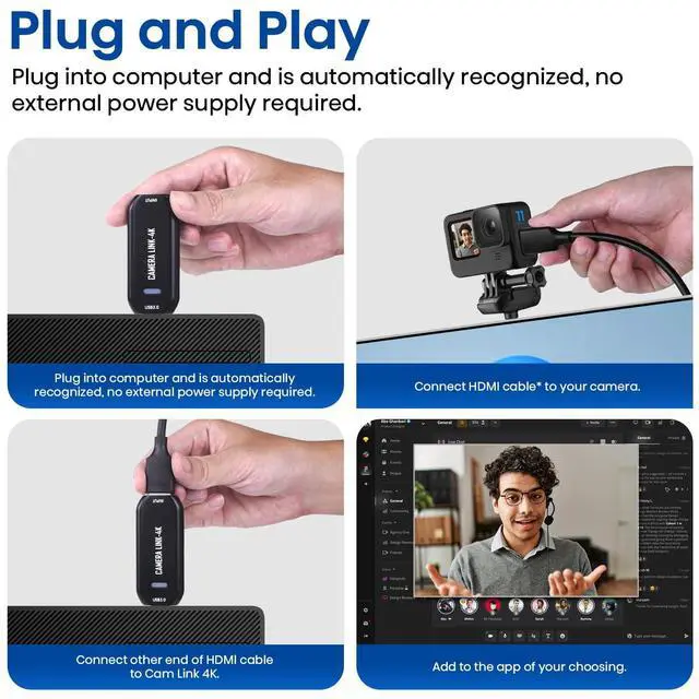 Alt view image 3 of 7 - KEHIPI Cam Link 4K External Capture Card for DSLR Camcorder ActionCam as Webcam, HDMI to USB 3.0, Meet/Stream/Record in 2K50/1080p60, Easy Connect for OBS/Zoom, Windows/Mac