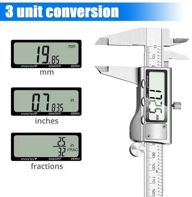 Alt view image 3 of 7 - KEHIPI Digital Caliper Measuring Tool, Stainless Steel Vernier Caliper Digital Micrometer with Large LCD Screen, Easy Switch from Inch Metric Fraction, 6 Inch Caliper Tool for DIY/Household