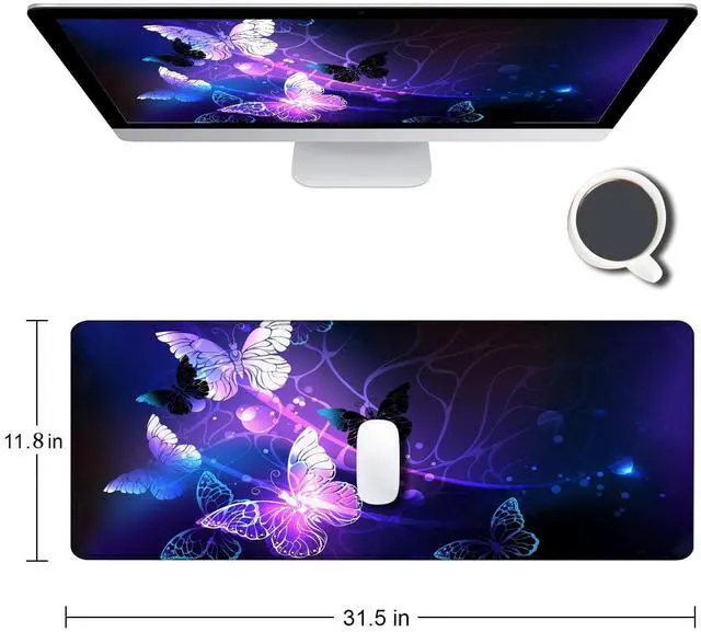 Alt view image 2 of 6 - KEHIPI Gaming Mouse Pad, Large Mouse Pads for Women, Non-Slip Rubber Base Mousepad, Keyboard Mouse Mat, Desk Pad with Stitched Edges, 31.5x11.8inch, Purple Butterfly