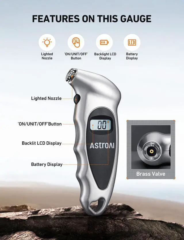 Alt view image 2 of 7 - KEHIPI Digital Tire Pressure Gauge with Replaceable AAA Battery, 150 PSI 4 Settings Stocking Stuffers for Car Truck Bicycle Backlit LCD Non-Slip Grip Car Accessories, Silver