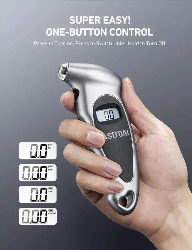 Alt view image 3 of 7 - KEHIPI Digital Tire Pressure Gauge with Replaceable AAA Battery, 150 PSI 4 Settings Stocking Stuffers for Car Truck Bicycle Backlit LCD Non-Slip Grip Car Accessories, Silver