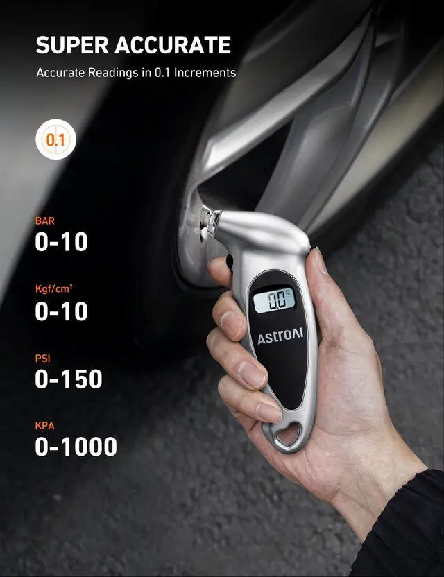 Alt view image 4 of 7 - KEHIPI Digital Tire Pressure Gauge with Replaceable AAA Battery, 150 PSI 4 Settings Stocking Stuffers for Car Truck Bicycle Backlit LCD Non-Slip Grip Car Accessories, Silver