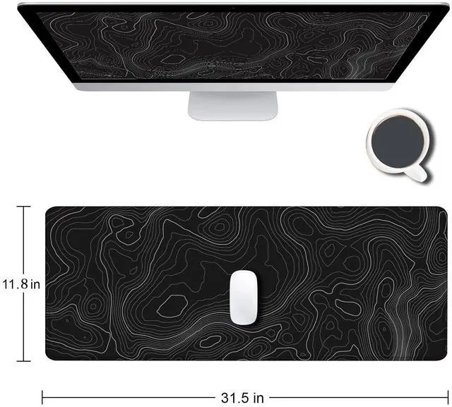 Alt view image 2 of 6 - KEHIPI Gaming Mouse Pad, Large Topographic Mouse Pads for Desk, Non-Slip Rubber Base Mousepad, Keyboard Mouse Mat, Desk Pad with Stitched Edges, 31.5x11.8inch, Black Geographic Lines