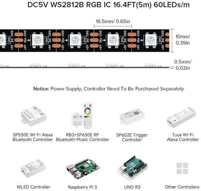 Alt view image 2 of 7 - KEHIPI WS2812B RGB ECO LED Strip, Chasing Effects 5050SMD Individually Addressable 16.4FT 60Pixels/m 300Pixels Flexible Dream Color IP30 for Bedroom DIY Projects DC5V(No Adapter or Controller)