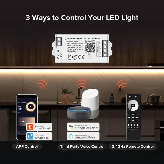 Alt view image 2 of 7 - KEHIPI C01W Monochrome PWM (+V -V) 2PIN LED Strip Dim Brightness 2.4GHz Tuya WiFi Group Controller Alexa Google Home Smartphone APP Control Compatible with WR02RF RC01RFB Remote