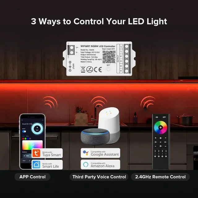 Alt view image 2 of 7 - KEHIPI C04W RGBW PWM SMD FCOB (+ R G B W) 5PIN LED Strip 2.4GHz Tuya WiFi Group Controller Alexa Google Home Smartphone APP Control Compatible with WR01RF RC03RFB RC04RFB RC05RFB Remote