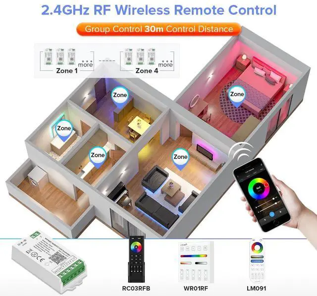 Alt view image 3 of 7 - KEHIPI C05W RGBCCT PWM SMD FCOB (+ R G B C W) 6PIN LED Strip 2.4GHz Tuya WiFi Group Controller Alexa Google Home Control Match with WR01RF RC03RFB RC04RFB RC05RFB Remote