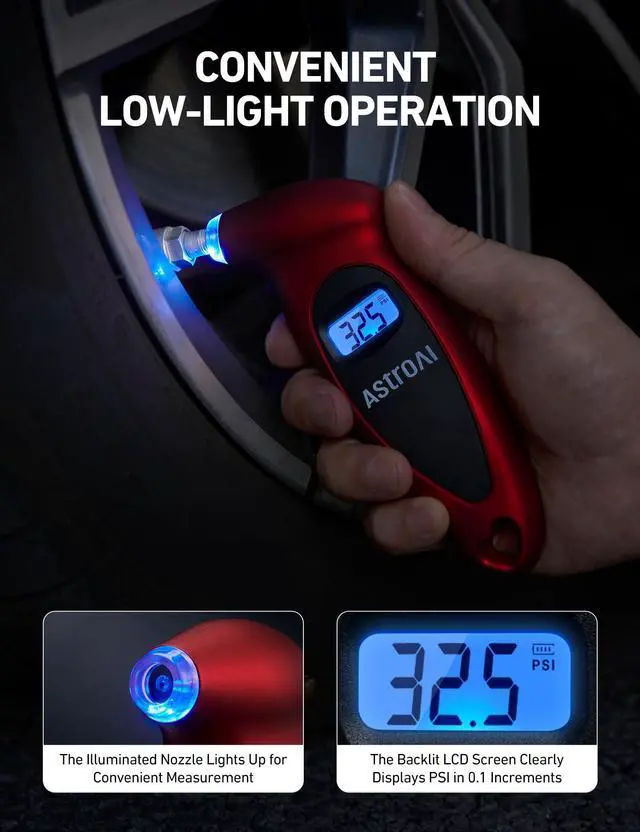 Alt view image 2 of 7 - KEHIPI Digital Tire Pressure Gauge 0-150PSI, Accurate in 0.1 Increments, Tire Pressure Gauge with Backlit LCD and Presta Valve Adaptor, 4 Units of Measurement for Car Truck Bicycle, Red