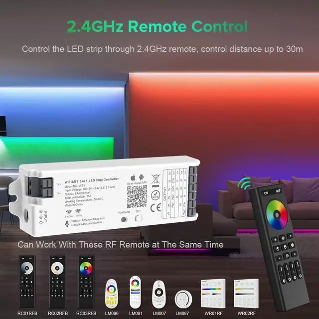 Alt view image 4 of 6 - KEHIPI 5in1 WB5 2.4GHz Tuya WiFi PWM LED Controller Compatible with Alexa/Google Home/Smart Life/Tuya Smart APP Control for Dimming CCT RGB RGBW RGBCCT LED Strip Work with WR01RF WR02RF etc