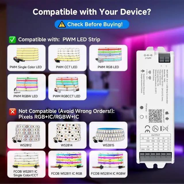Alt view image 2 of 6 - KEHIPI 5in1 WB5 2.4GHz Tuya WiFi PWM LED Controller Compatible with Alexa/Google Home/Smart Life/Tuya Smart APP Control for Dimming CCT RGB RGBW RGBCCT LED Strip Work with WR01RF WR02RF etc