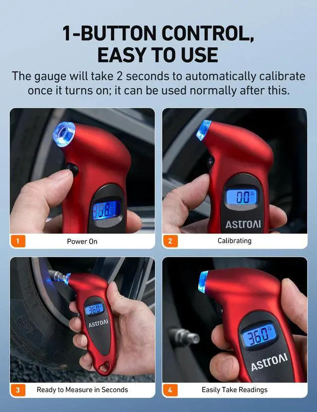 Alt view image 3 of 7 - KEHIPI Digital Tire Pressure Gauge 0-150PSI, Accurate in 0.1 Increments, Tire Pressure Gauge with Backlit LCD and Presta Valve Adaptor, 4 Units of Measurement for Car Truck Bicycle, Red