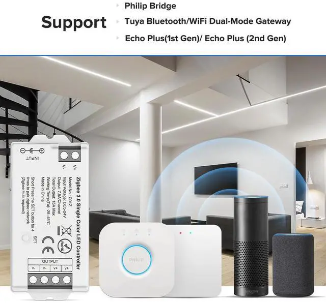 Alt view image 2 of 6 - KEHIPI Tuya Zigbee 3.0 C01Z Controller Support Single Color 2 pin (-V +V) PWM LED Strip Bulb Compatible with Echo Plus/4th Gen Tuya Gateway DC5V/DC12V/DC24V Max 15A