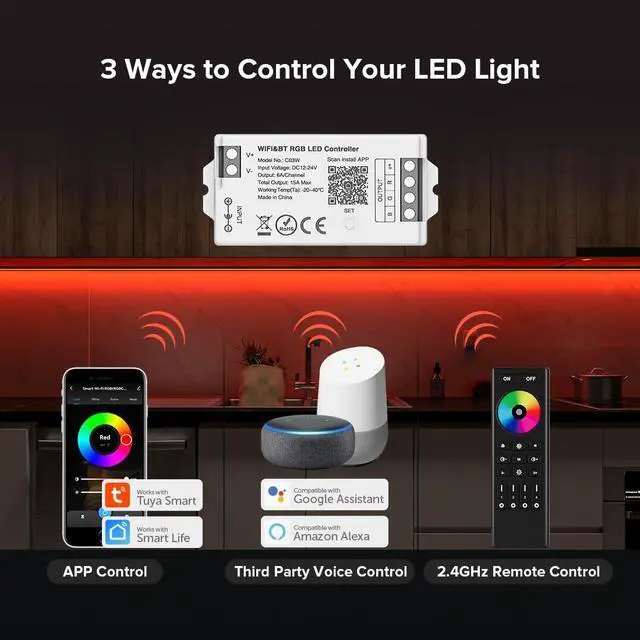 Alt view image 2 of 7 - KEHIPI C03W RGB PWM SMD FCOB (+ R G B) 4PIN LED Strip 2.4GHz Tuya WiFi Group Controller Alexa Google Home Smartphone APP Control Compatible with WR01RF RC03RFB RC04RFB RC05RFB Remote