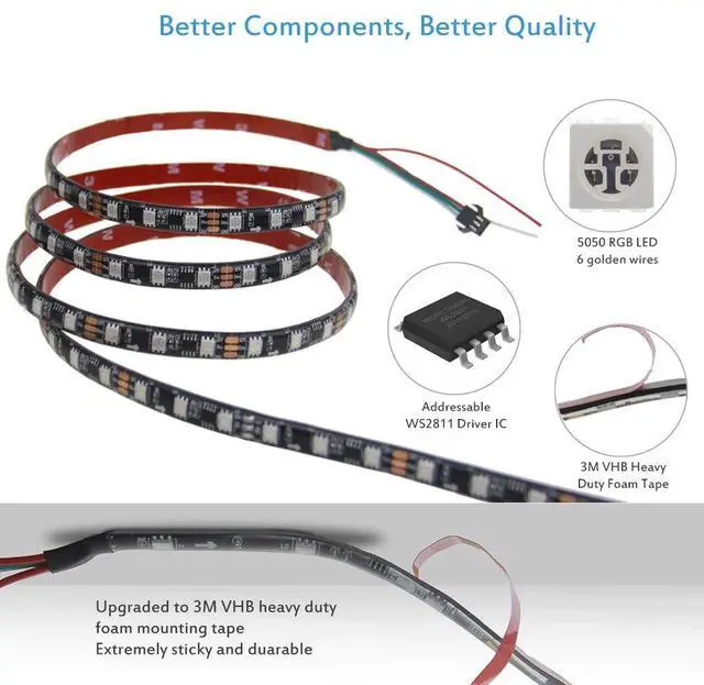 Alt view image 3 of 7 - KEHIPI RGB Addressable LED Strip WS2811 12V LED Strip Lights 16.4ft 300 LEDs Dream Color Programmable Digital Flexible LED Pixel Rope Light Waterproof IP65 with 3M VHB Heavy Duty Self-Adhesive Back