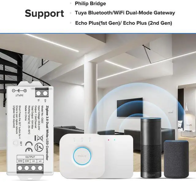 Alt view image 2 of 7 - KEHIPI Tuya Zigbee 3.0 C02Z Controller Support CCT Color 3 pin (+V CW WW) PWM LED Strip Bulb Compatible with Echo Plus/4th Gen Tuya Gateway DC5V/DC12V/DC24V Max 15A