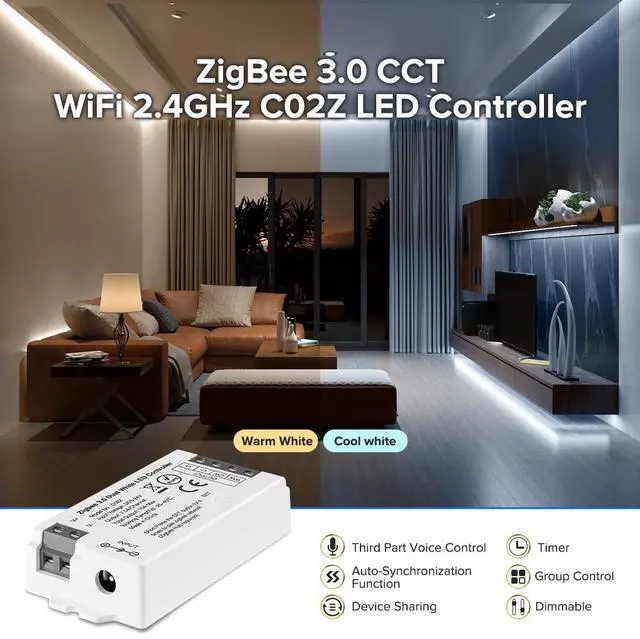 Alt view image 4 of 7 - KEHIPI Tuya Zigbee 3.0 C02Z Controller Support CCT Color 3 pin (+V CW WW) PWM LED Strip Bulb Compatible with Echo Plus/4th Gen Tuya Gateway DC5V/DC12V/DC24V Max 15A