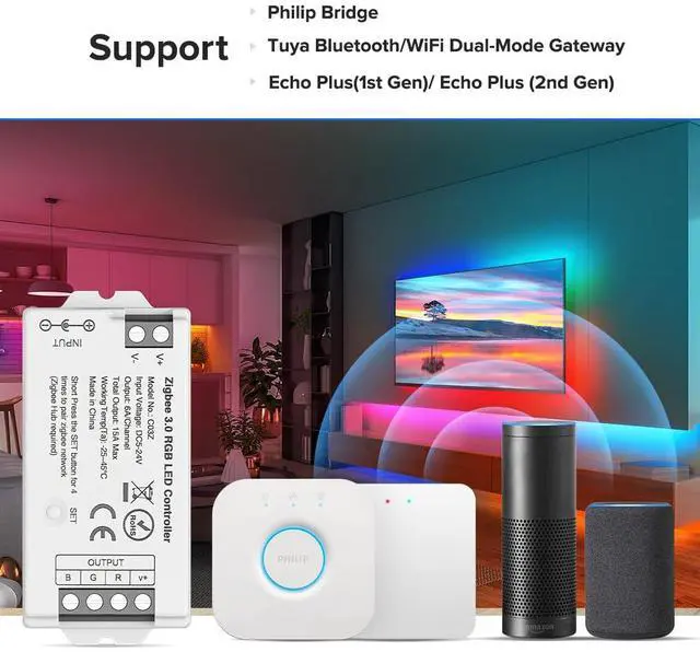 Alt view image 2 of 6 - KEHIPI Tuya Zigbee 3.0 C03Z Controller Support RGB Color 4 pin (+V R G B) PWM LED Strip Bulb Compatible with Echo Plus/4th Gen Tuya Gateway DC5V/DC12V/DC24V Max 15A