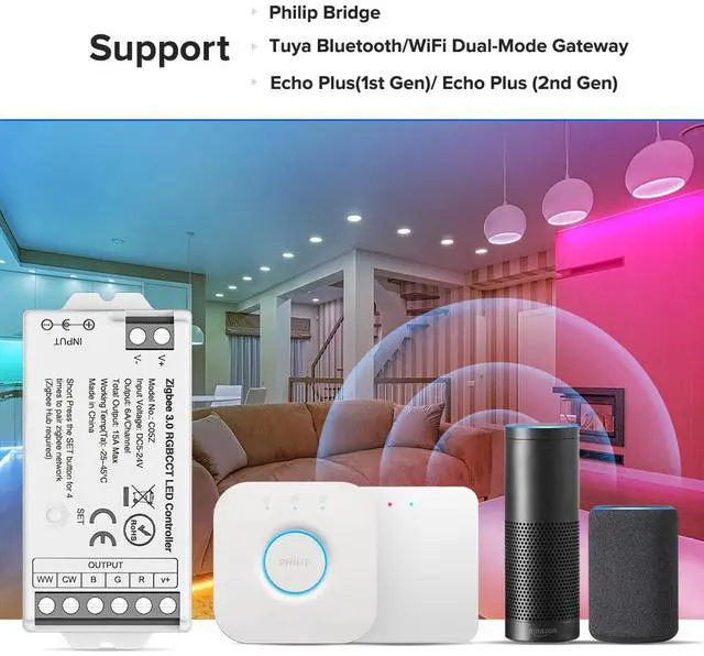 Alt view image 2 of 6 - KEHIPI Tuya Zigbee 3.0 C05Z Controller Support RGBCCT 6 pin (+V R G B CW WW) PWM LED Strip Bulb Compatible with Echo Plus/4th Gen Tuya Gateway DC5V/DC12V/DC24V Max 15A