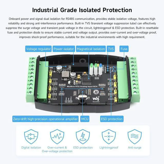 Alt view image 6 of 7 - KEHIPI Industrial 8-Ch Analog Acquisition Module, 12-Bit High-Precision, Supports Voltage and Current Acquisition, DC 7~36V Wide Voltage Power Supply, 8-ch Voltage Mode, 0~10V