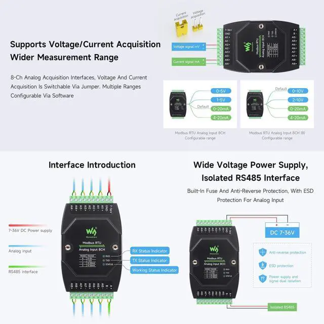 Alt view image 7 of 7 - KEHIPI Industrial 8-Ch Analog Acquisition Module, 12-Bit High-Precision, Supports Voltage and Current Acquisition, DC 7~36V Wide Voltage Power Supply, 8-ch Voltage Mode, 0~10V