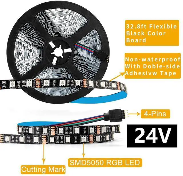 Alt view image 2 of 7 - KEHIPI 5050 RGB LED Strip Lights-32.8ft 600 LEDs, DC 24V Color Changing LED Lights Black PCB for Valentine Decor, Wedding Sparklers, Christmas Lights, Indoor Decoration (Only Light Strip)