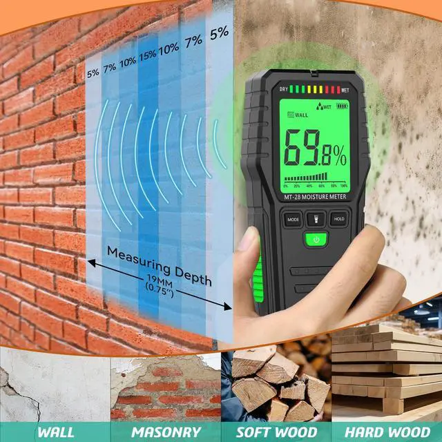 Alt view image 2 of 5 - KEHIPI Pinless Moisture Meter for Wood Concrete Digital Moisture Tester with 3-Color LCD Display, Audible Alarm & HOLD Function Ideal for Firewood, Lumber, Home Inspections (Green)