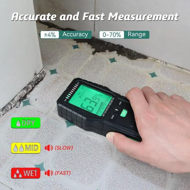 Alt view image 4 of 5 - KEHIPI Pinless Moisture Meter for Wood Concrete Digital Moisture Tester with 3-Color LCD Display, Audible Alarm & HOLD Function Ideal for Firewood, Lumber, Home Inspections (Green)