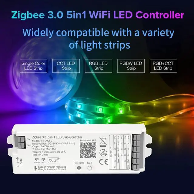 Alt view image 2 of 6 - KEHIPI 5in1 LM052 Tuya Zigbee3.0 LED Controller Support Dimming CCT RGB RGBW RGBCCT PWM LED Strip Compatible with Echo Plus/4th Gen, Tuya Gateway Work with WR01RF WR02RF etc