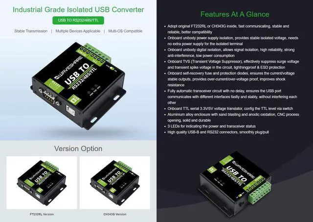 Alt view image 3 of 7 - KEHIPI USB to RS232 / RS485 / TTL Industrial Isolated Converter with Original FT232RL Embedded Protection Circuits and Aluminium Alloy Enclosure for Industrial Control Equipments