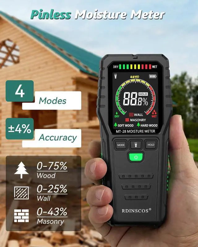 Alt view image 7 of 7 - KEHIPI Pinless Moisture Meter for Wood, Floor, Concrete Digital Moisture Tester with 3-Color LCD Display, Audible Alarm & HOLD Function Ideal for Firewood, Lumber, Home Inspections (Red_green)