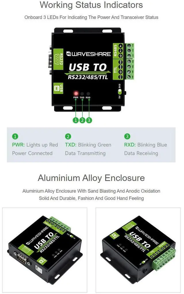 Alt view image 7 of 7 - KEHIPI USB to RS232 / RS485 / TTL Industrial Isolated Converter with Original FT232RL Embedded Protection Circuits and Aluminium Alloy Enclosure for Industrial Control Equipments