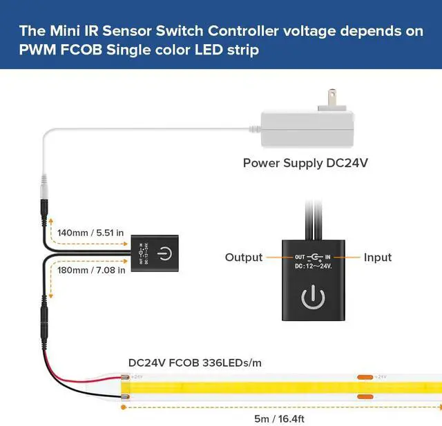 Alt view image 4 of 6 - KEHIPI Mini IR Sensor Switch Controller Work with Low Voltage FCOB COB Monochrome Lamp Suit for Cabinets, Counters, Doors, Lighting Accessories DC12V DC24V Max 3A Black (No Power or LED Strip)