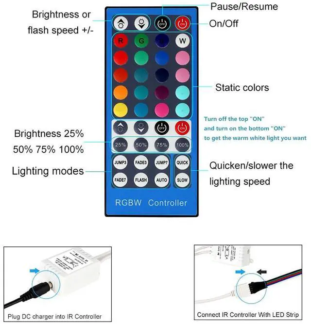 Alt view image 2 of 6 - KEHIPI RGBW LED Light Strip Remote Controller, Dimmer for RGB+White RGBWW Strip Light, 40 Key Wireless IR Remote Controller for SMD 5050 3528 RGB Rope Lights