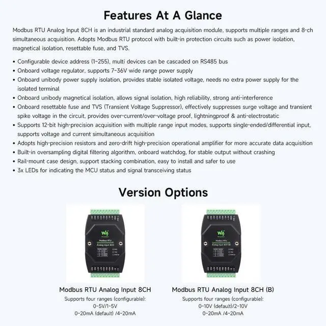 Alt view image 4 of 7 - KEHIPI Industrial 8-Ch Analog Acquisition Module, 12-Bit High-Precision, Supports Voltage and Current Acquisition, DC 7~36V Wide Voltage Power Supply, 8-ch Voltage Mode, 0~10V