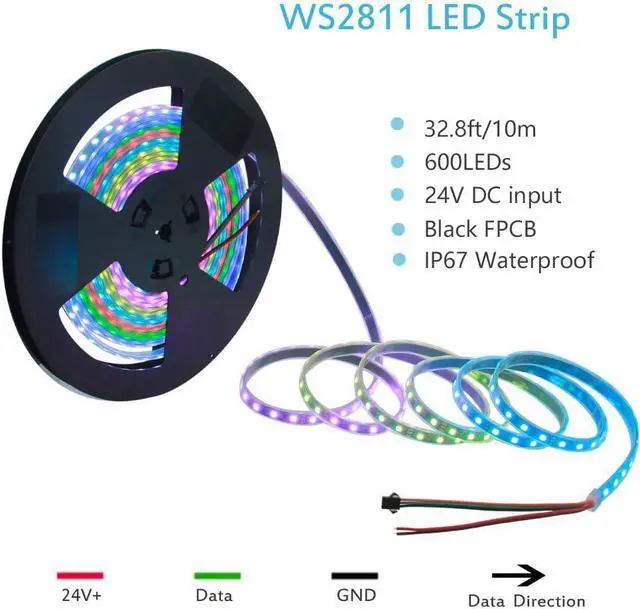 Alt view image 2 of 7 - KEHIPI 32.8ft Addressable RGB LED Strip Light WS2811 Dream Color Digital Programmable Flexible LED Pixel Light 24V 10m 600 LEDs 5050 SMD Waterproof IP67 Black PCB for Raspberry Pi DIY Project