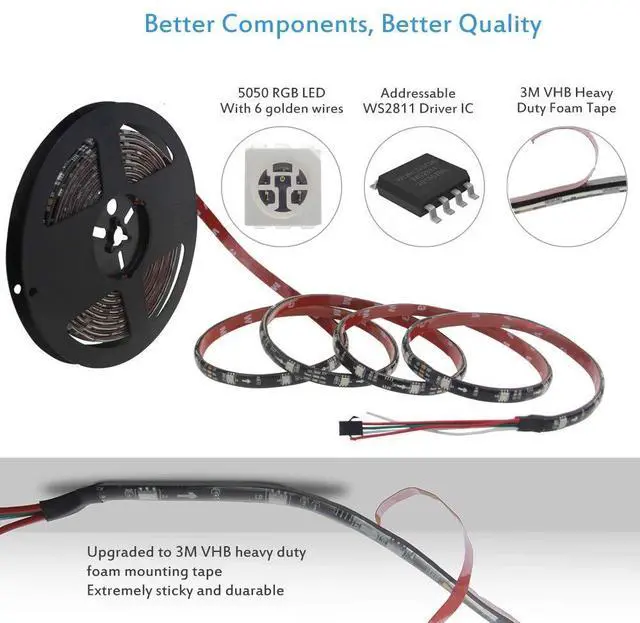 Alt view image 3 of 7 - KEHIPI WS2811 12V Addressable RGB LED Strip Light 16.4ft 150 LEDs Dream Color Programmable Digital LED Flexible Pixel Lights Waterproof IP65 with 3M VHB Heavy Duty Self-Adhesive Back for DIY Project