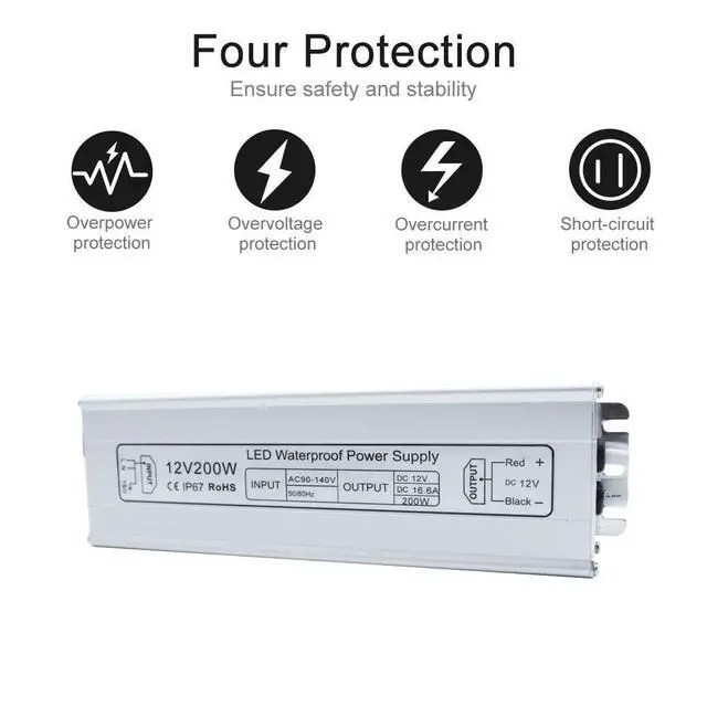 Alt view image 2 of 7 - KEHIPI LED Power Supply, 200W IP67 Waterproof Outdoor Driver,AC 90-140V to DC 12V 16.6A Low Voltage Transformer, Adapter with 3-Prong Plug for LED Light, Computer Project, Outdoor Use