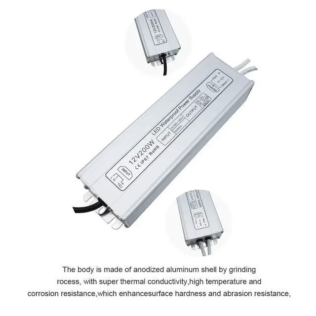 Alt view image 5 of 7 - KEHIPI LED Power Supply, 200W IP67 Waterproof Outdoor Driver,AC 90-140V to DC 12V 16.6A Low Voltage Transformer, Adapter with 3-Prong Plug for LED Light, Computer Project, Outdoor Use