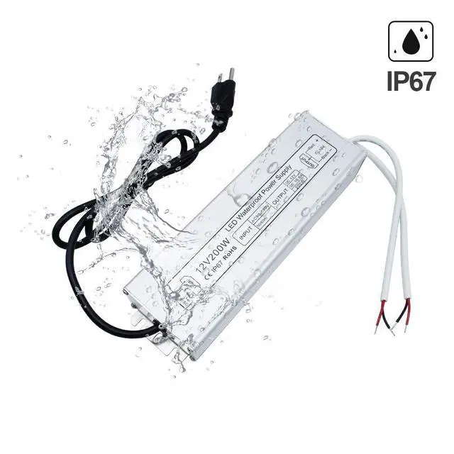 Alt view image 6 of 7 - KEHIPI LED Power Supply, 200W IP67 Waterproof Outdoor Driver,AC 90-140V to DC 12V 16.6A Low Voltage Transformer, Adapter with 3-Prong Plug for LED Light, Computer Project, Outdoor Use