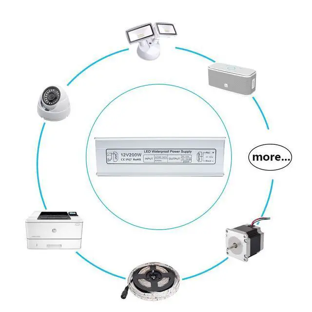 Alt view image 7 of 7 - KEHIPI LED Power Supply, 200W IP67 Waterproof Outdoor Driver,AC 90-140V to DC 12V 16.6A Low Voltage Transformer, Adapter with 3-Prong Plug for LED Light, Computer Project, Outdoor Use