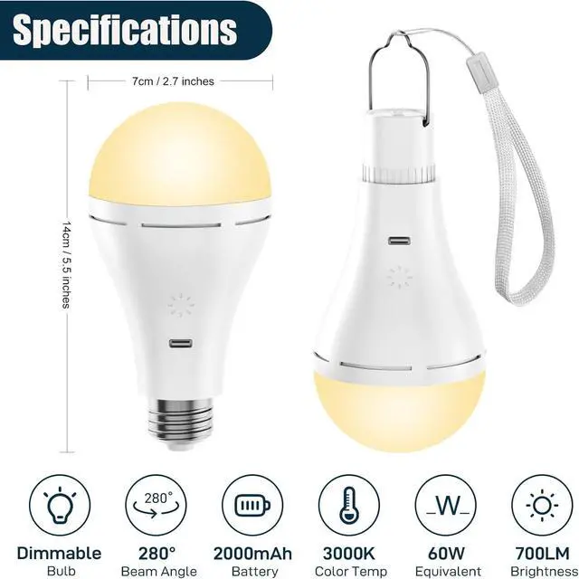 Alt view image 2 of 7 - KEHIPI USB Rechargeable Light Bulb with Remote and Timer, Battery Emergency Light Bulbs for Home Power Outage, Hanging LED Light Bulb with Hook for Outdoor Camping Tent, 700LM, 6000K, 2 Pack