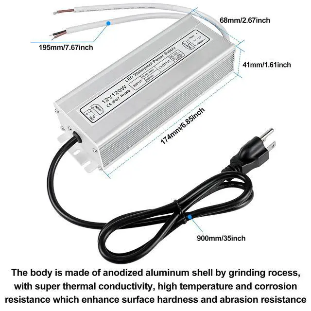 Alt view image 5 of 7 - KEHIPI LED Power Supply, 120W IP67 Waterproof Outdoor Driver,AC 80-265V to DC 12V 10A Low Voltage Transformer, Adapter with 3-Prong Plug for LED Light, Computer Project, Outdoor Use
