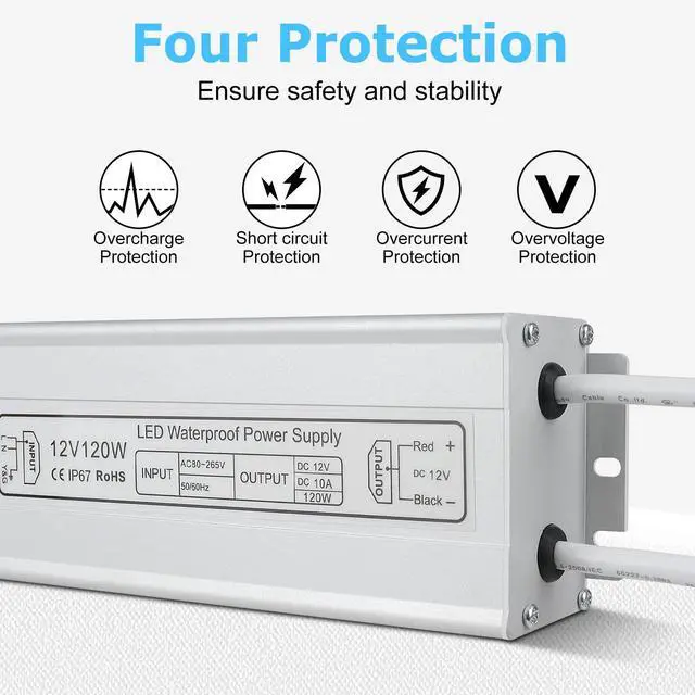 Alt view image 2 of 7 - KEHIPI LED Power Supply, 120W IP67 Waterproof Outdoor Driver,AC 80-265V to DC 12V 10A Low Voltage Transformer, Adapter with 3-Prong Plug for LED Light, Computer Project, Outdoor Use