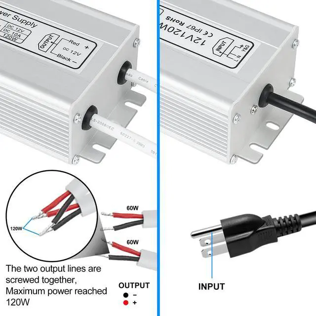 Alt view image 4 of 7 - KEHIPI LED Power Supply, 120W IP67 Waterproof Outdoor Driver,AC 80-265V to DC 12V 10A Low Voltage Transformer, Adapter with 3-Prong Plug for LED Light, Computer Project, Outdoor Use
