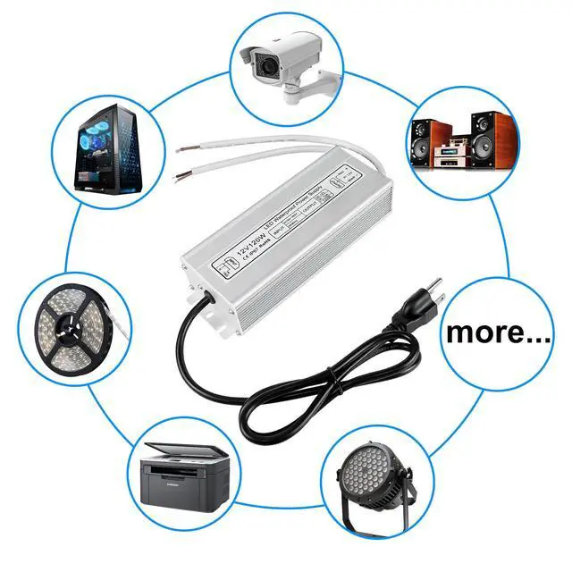 Alt view image 7 of 7 - KEHIPI LED Power Supply, 120W IP67 Waterproof Outdoor Driver,AC 80-265V to DC 12V 10A Low Voltage Transformer, Adapter with 3-Prong Plug for LED Light, Computer Project, Outdoor Use