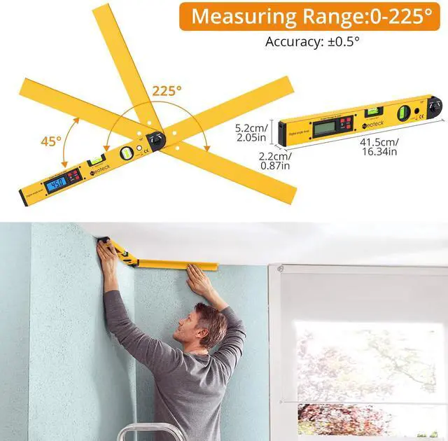 Alt view image 3 of 7 - KEHIPI 225° 16 inch Digital Angle Finder Aluminum Protractor with LCD Backlight Digital Angle Measuring Tool with Horizontal and Vertical Bubble for Woodworking, Construction, Machinery - Golden